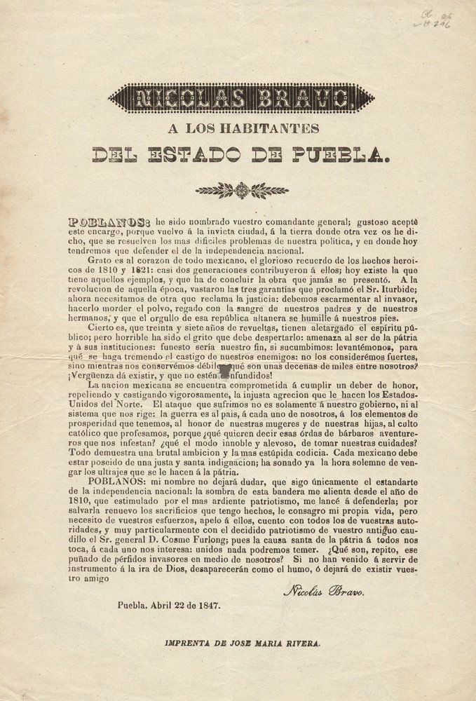 BRAVO. Nicolas Bravo á los habitantes.... 1847 (1 of 1)