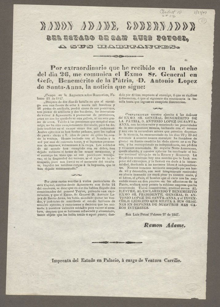 [BUENA VISTA]. ADAME. Gobernador.... 1847 (1 of 1)