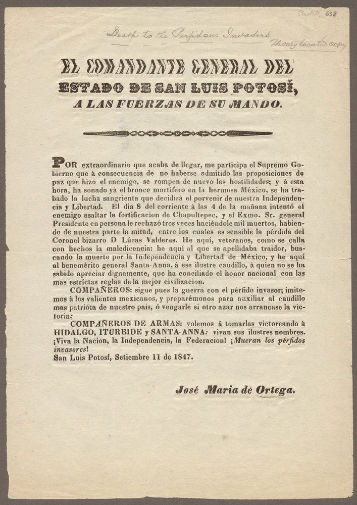 [CHAPULTEPEC]. ORTEGA. El Comandante General. (1 of 1)