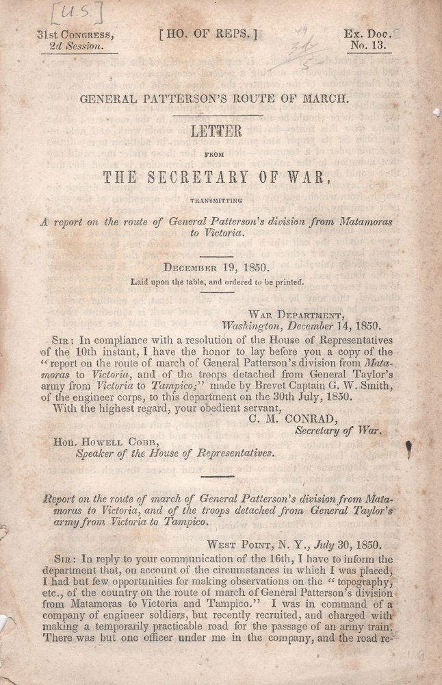 [MAP]. SMITH. Sketch of Line of March....: [MAP]. SMITH, Gustavus Woodson. Sketch of Line of March of Gen. Patterson’s Division from Matamoros to Victoria and of Route from Victoria to Tampico. Based upon Data from Genl. Arista’s M