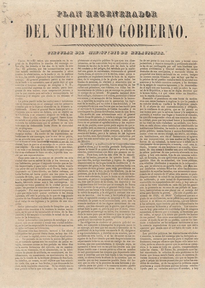 [MEXICO CITY, BATTLE OF].Plan Regenerador. [1847] (1 of 1)