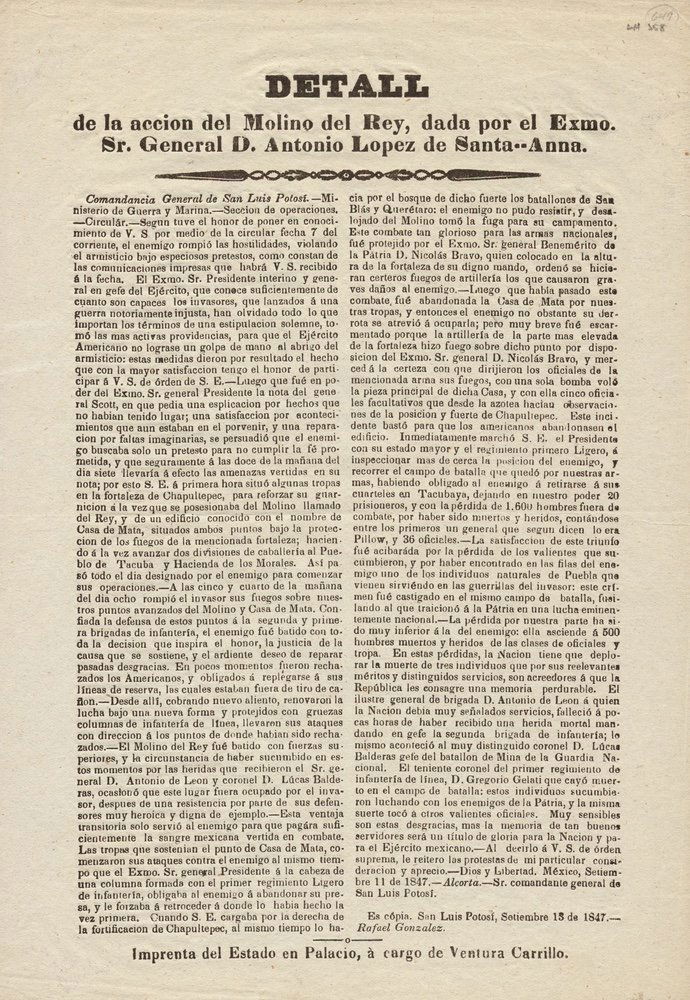[MEXICO CITY]. SANTA-ANNA. Detall.... 1847 (1 of 1)