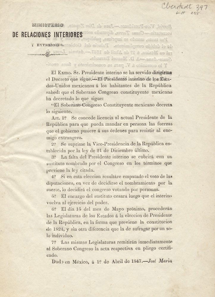 [SANTA-ANNA]. MEXICO. LAWS (April 1, 1847) (1 of 1)