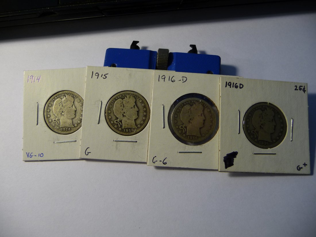 Lot of 4 Barber Quarters 1914, 1915, 1916-D 2X (1 of 2)