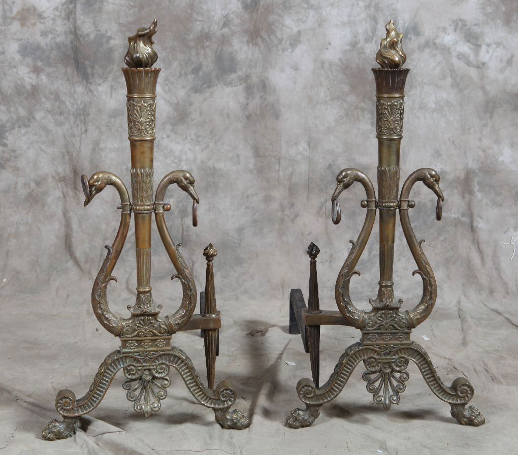 Pair 19c bronze Regency andirons swan form: 30in tall