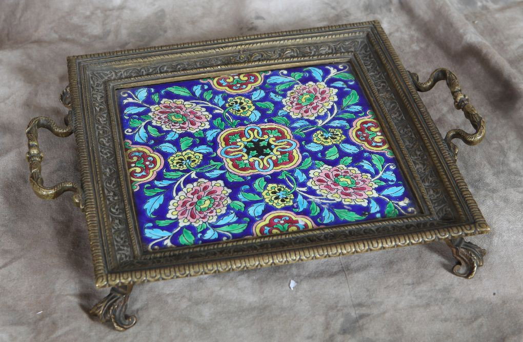 Oriental bronze and enameled tile trivet: 13x10 1/2