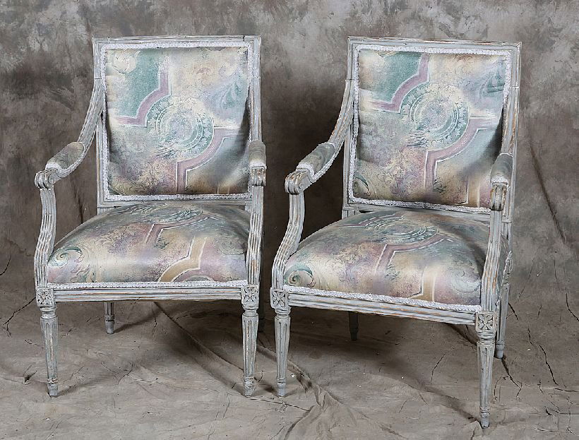 Pair of 19th Century LXVI Fauteuils: Square back finger carved open arm frames raised on reeded tapered legs all in grey paint. Age: Last Half 19th Century Condition: Good: Nice old surface with expected wear and dings commensurate with