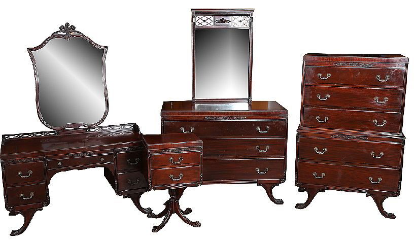 7 Piece Duncan Phyfe Style Bed Room Set: Mahogany with applied athenaeum decorations raised on carved claw footed legs. Consisting of an Full size bed, Chest, Dresser, Vanity with pierced 3/4 gallery, Night Stand and 2 Mirrors. Age: Second Q