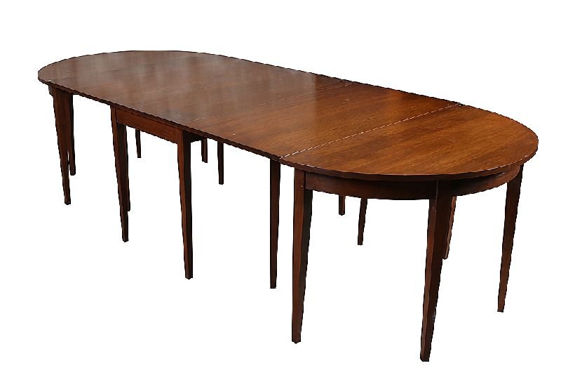 Three Part Banquet Table by Sutter's Furniture: Hepplewhite style cherry three part table consisting of a drop leaf gate leg center along with a pair of demilune end tables all on tapered block legs. Age: Mid 20th Century Condition: Good: Some soil