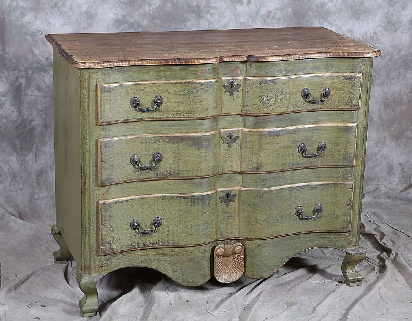 Early American Style Painted Chest: Green painted serpentine three drawer cabinet raised on curved legs and having a conforming tiger maple top. By Virginia B. Sawyer of Chesapeake, Virginia. Age: Last Half 20th Century Condition: Good: