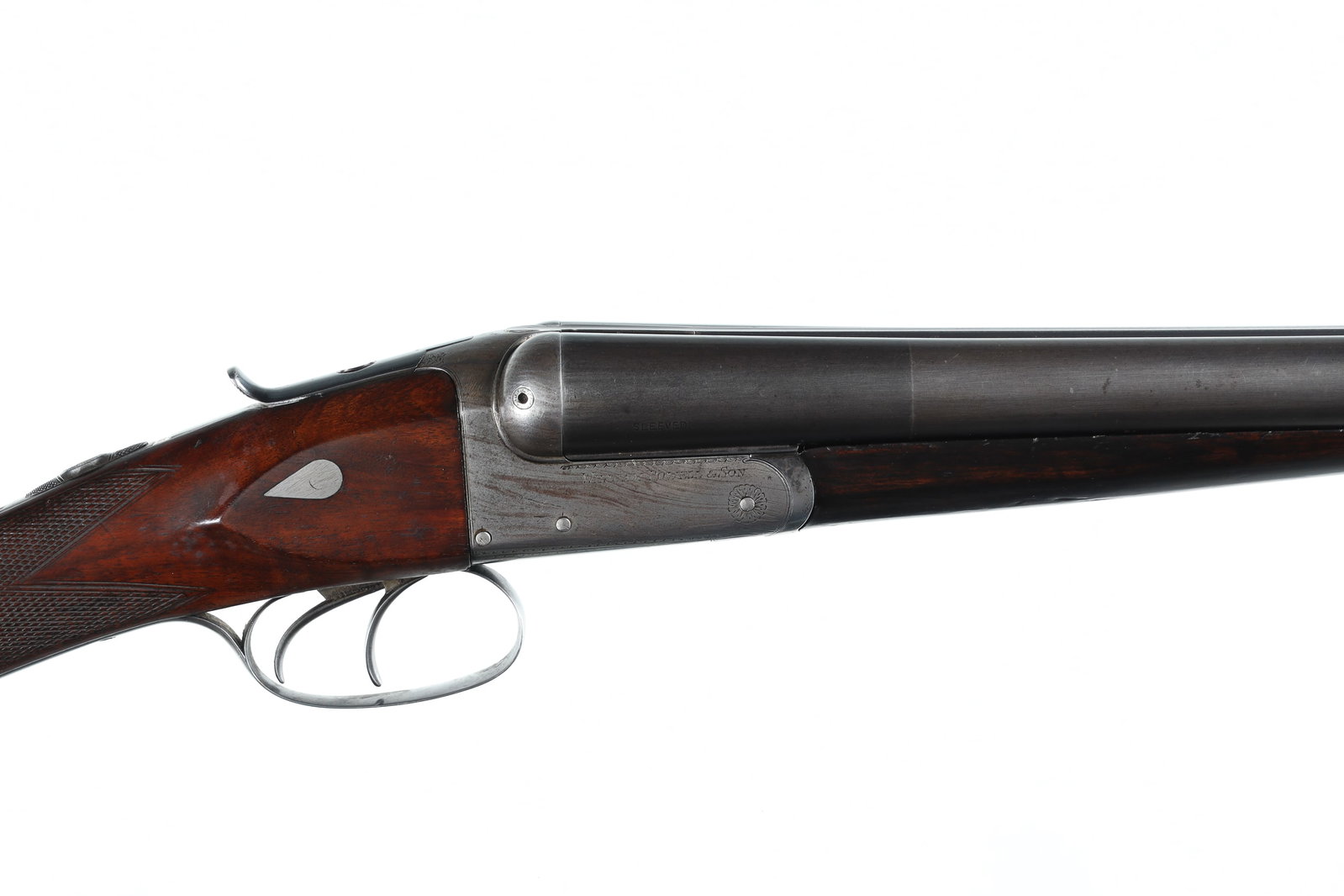 William Powell 1864 Patent Lift up Toplever 1864 P: 12ga Serial # 7744 Anson & Deeley patented box lock action by Powell with patented lift up top lever opening. 28" choked cylinder and full with 2-1/2" chambers and sleeved Bbl's. Double trigger with l