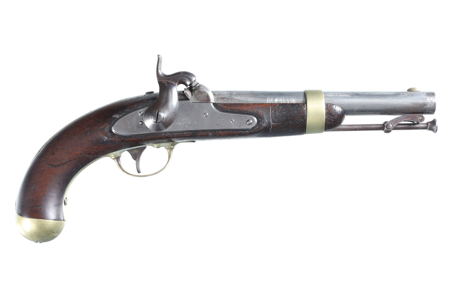 I.N. Johnson 1842 Perc Pistol .54 perc: .54 perc Serial # NSN Produced by Ira N. Johnson of Middletown Conn with brass furniture and mounts. 8 1/2" 54 caliber smooth bore with swiveled ram rod. Percussion ignition and oil finished one piece