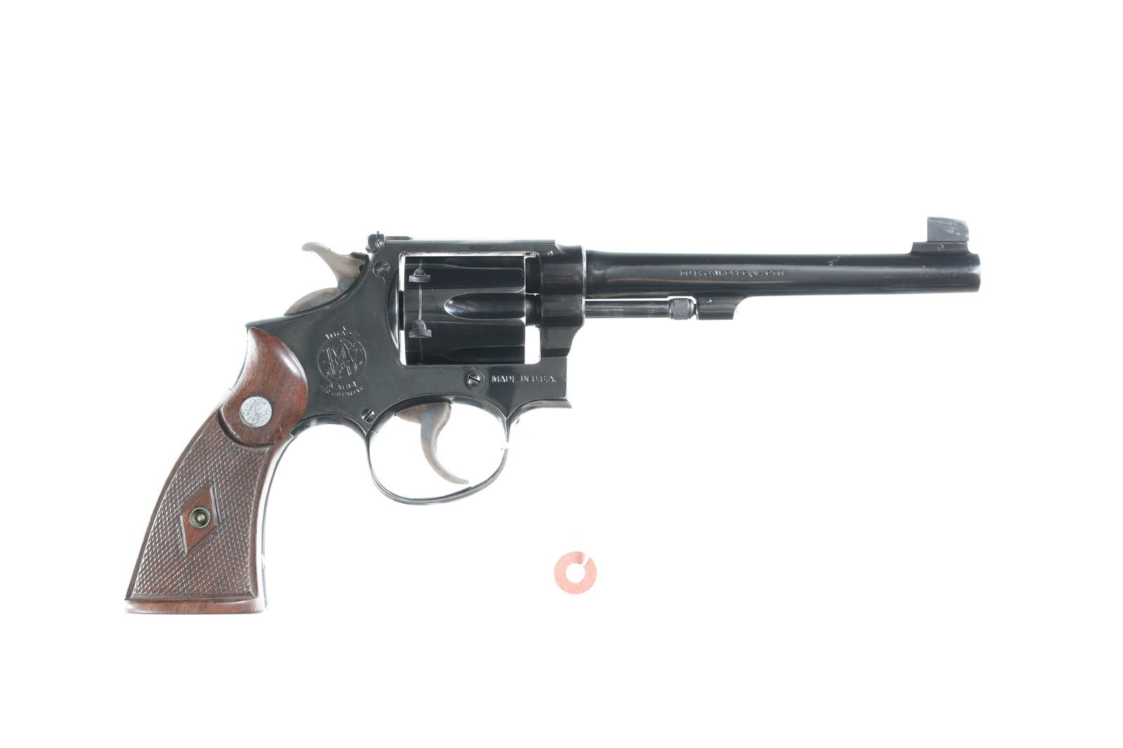 Smith & Wesson 38 Military & Police Revolver: .38 spl Serial # 677146 Pre-war Outdoorsman .38 with case color hammer and trigger in excellent overall condition with minor finish losses at high points and muzzle, bore is excellent, has star after