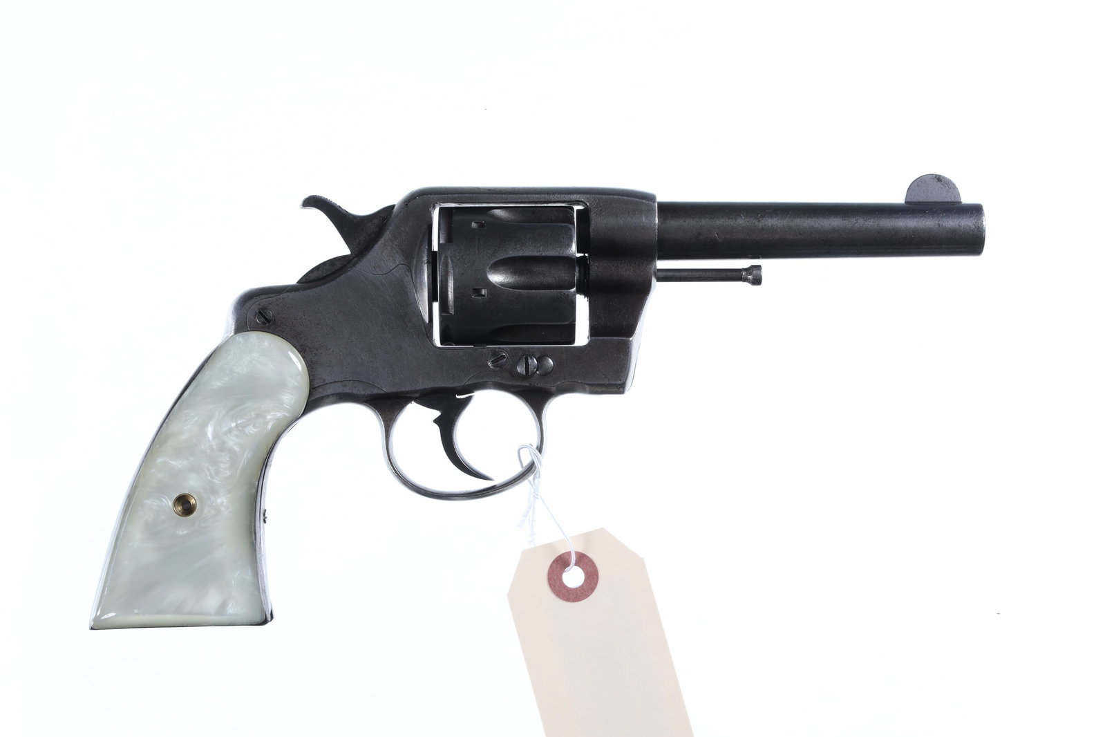 Colt New Army Revolver .41 Colt: .41 Colt Serial # 135647 Fair with lightly textured finish overall and void of any blue, Jay Scot pearl lite grips are very good, mechanically excellent. Manufactured in 1900. Replacement grips. Barre