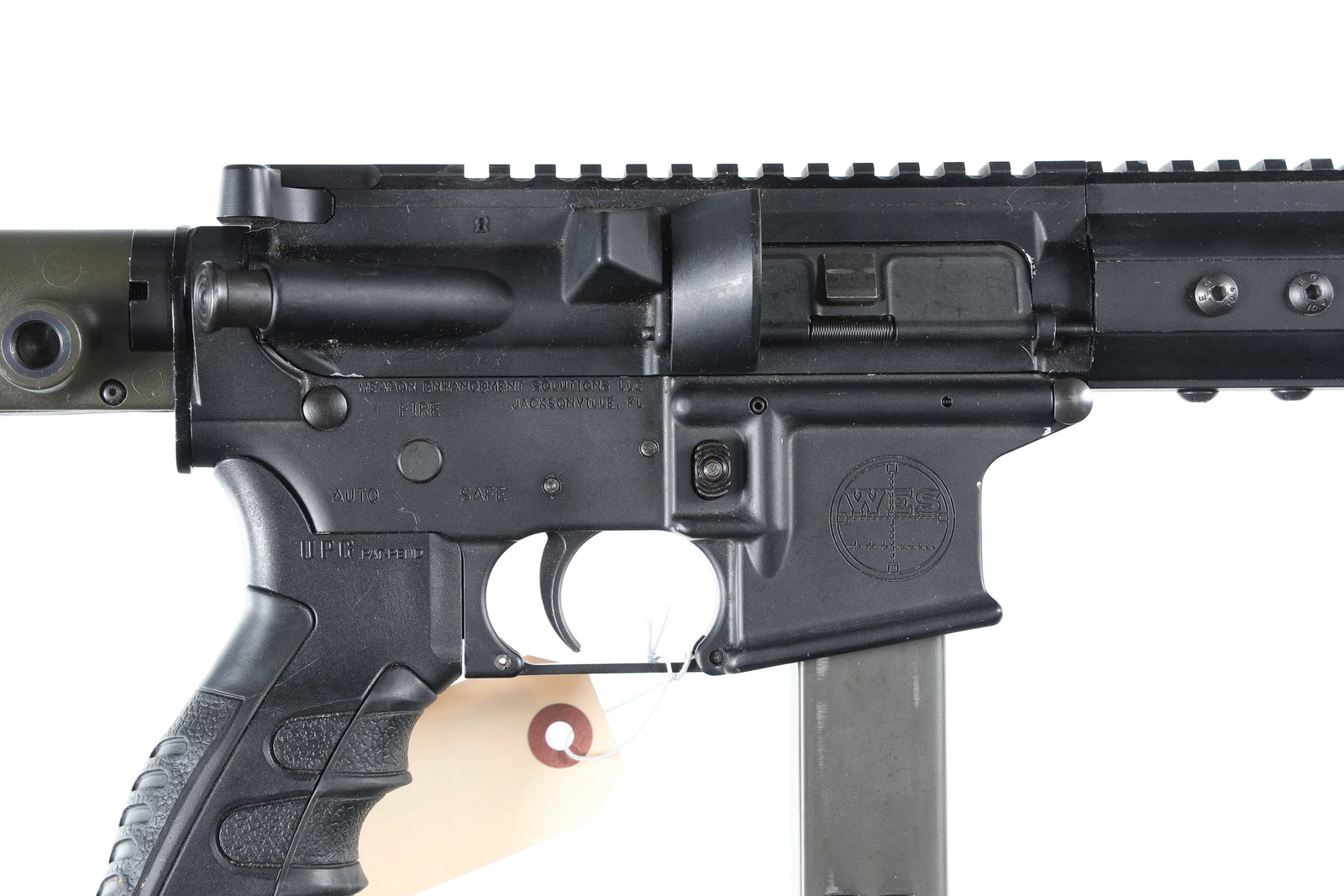 W.E.S. RW9C Pistol 9mm: 9mm Serial # RW9C-00044 WES Model RW9C 9mm Para, AR Pistol with 10-1/2" Bbl, Full length sight & accessory rail and uses modified Uzi magazines. Condition: Very fine with excellent bright bore and fun