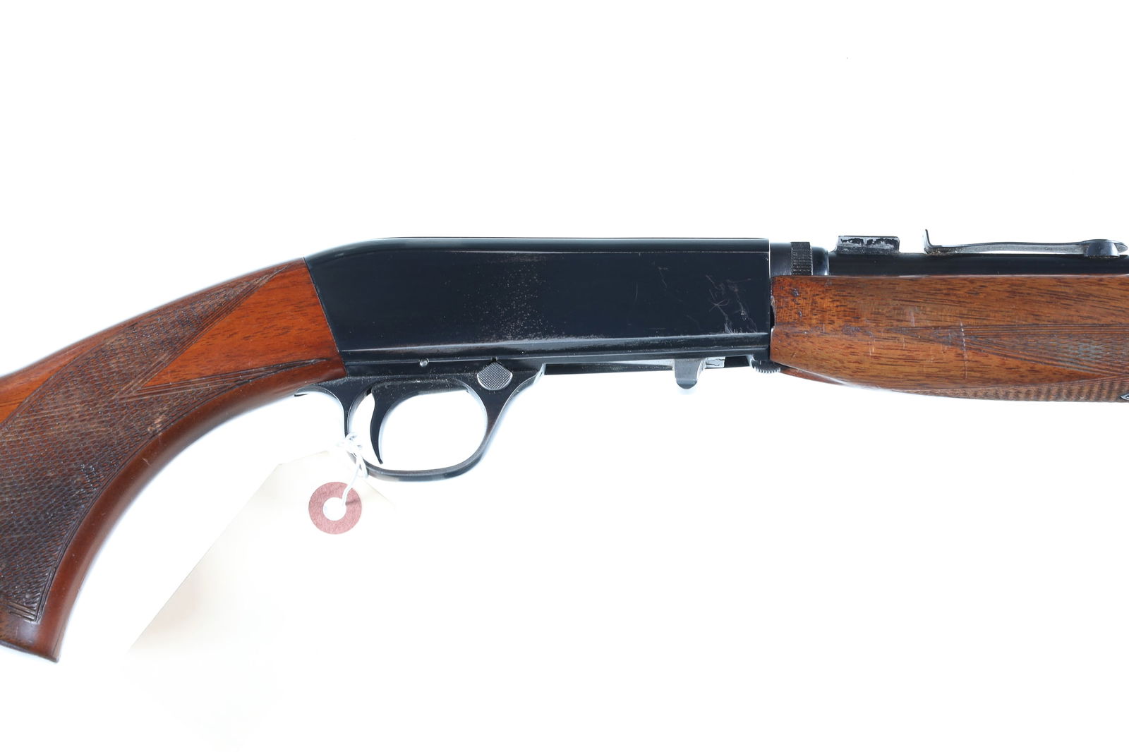 FN Browning SA-22 Semi Rifle .22 lr: .22 lr Serial # 83663 FN SA 22 with blue finish, grooved receiver and varnished checkered stocks. Threaded for suppressor. Takedown with added scope mounts. Metal is very good with minor wear, Stocks