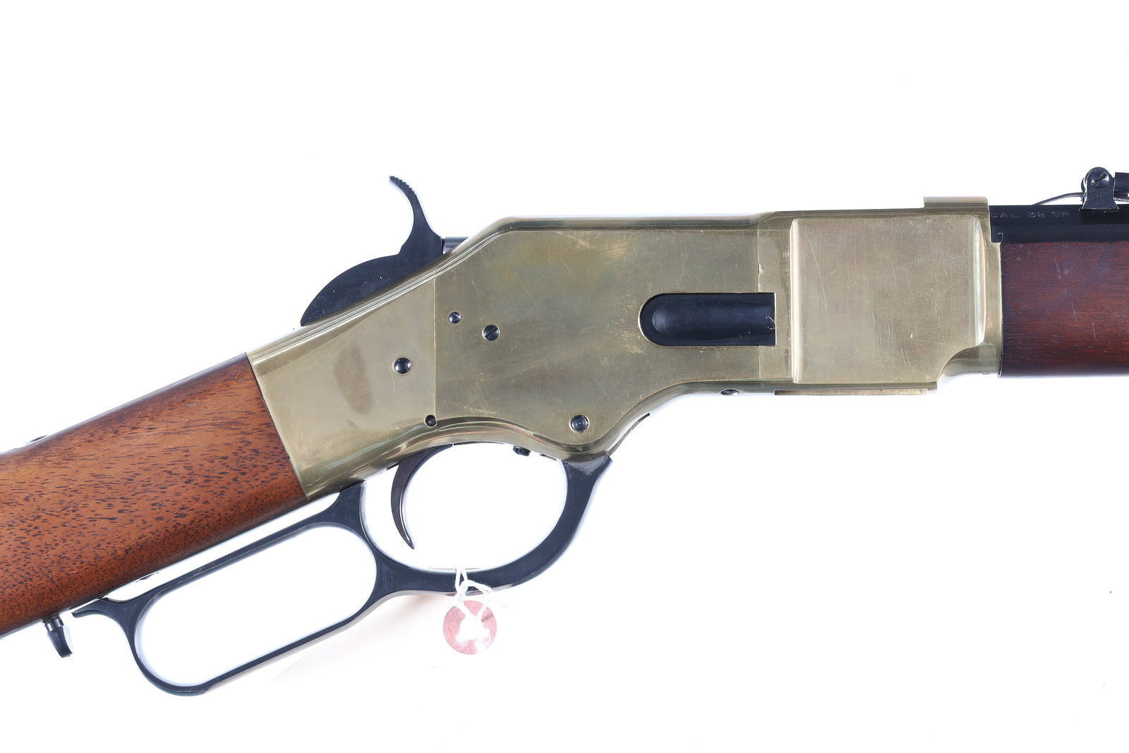 Uberti 1886 Lever Rifle .38 SPL: .38 SPL Serial # 47041 Octagon barrel. Barrel and magazine retain most all original finish, brass has a mellow patina. Action operates but elevator springs are very weak. Oil finished stocks are very 