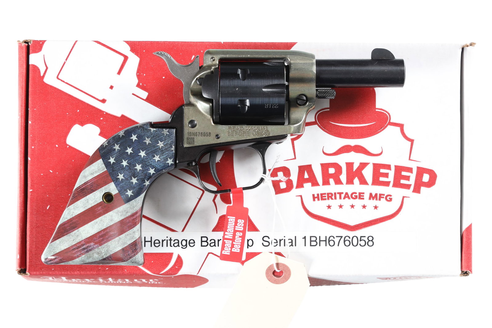 Heritage Barkeep Revolver .22lr: .22lr Serial # 1BH676058 Heritage Arms Barkeep .22 revolver wit patriotic grips and fixed sights. As new with original box. Barrel 2.50 Modern
