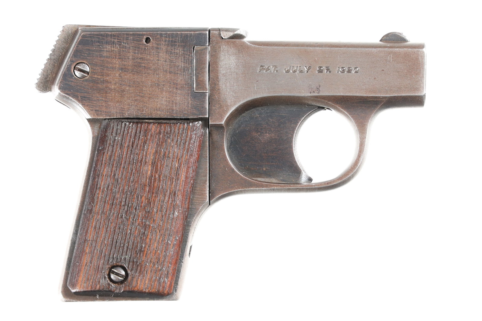Mossberg Brownie Pistol .22 lr: .22 lr Serial # 27220 Good to very good overall condition. Manufactured in 1920-1940. Barrel 2 1/2" C&R