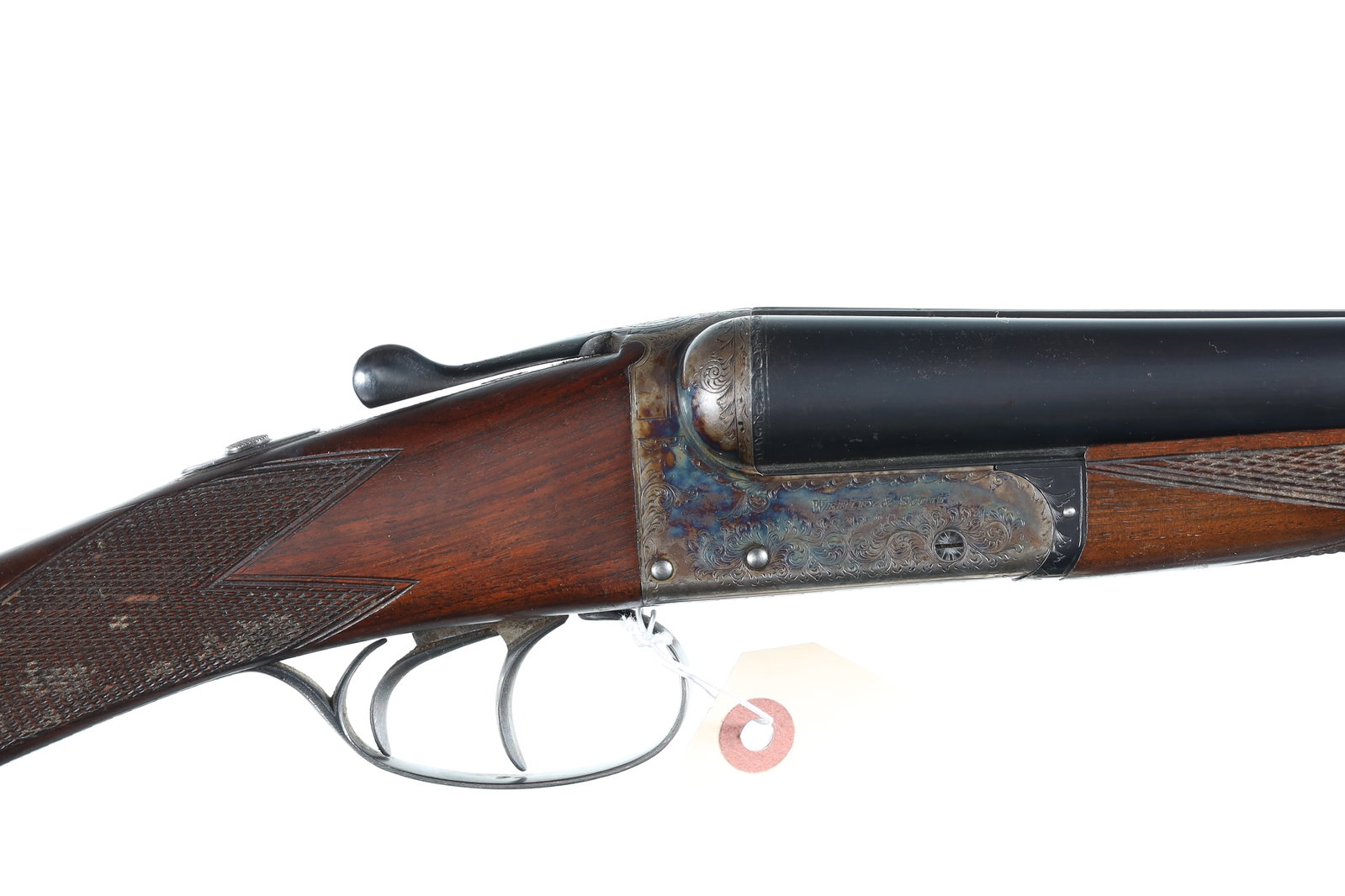 Webley & Scott 700 SxS Shotgun 12ga: 12ga Serial # 133667 Webley & Scott Model 700 double 12 bore with 2 3/4" chambers and choked full & Mod with double triggers and ejectors. Case colored scroll engraved boxlock action with oil finished