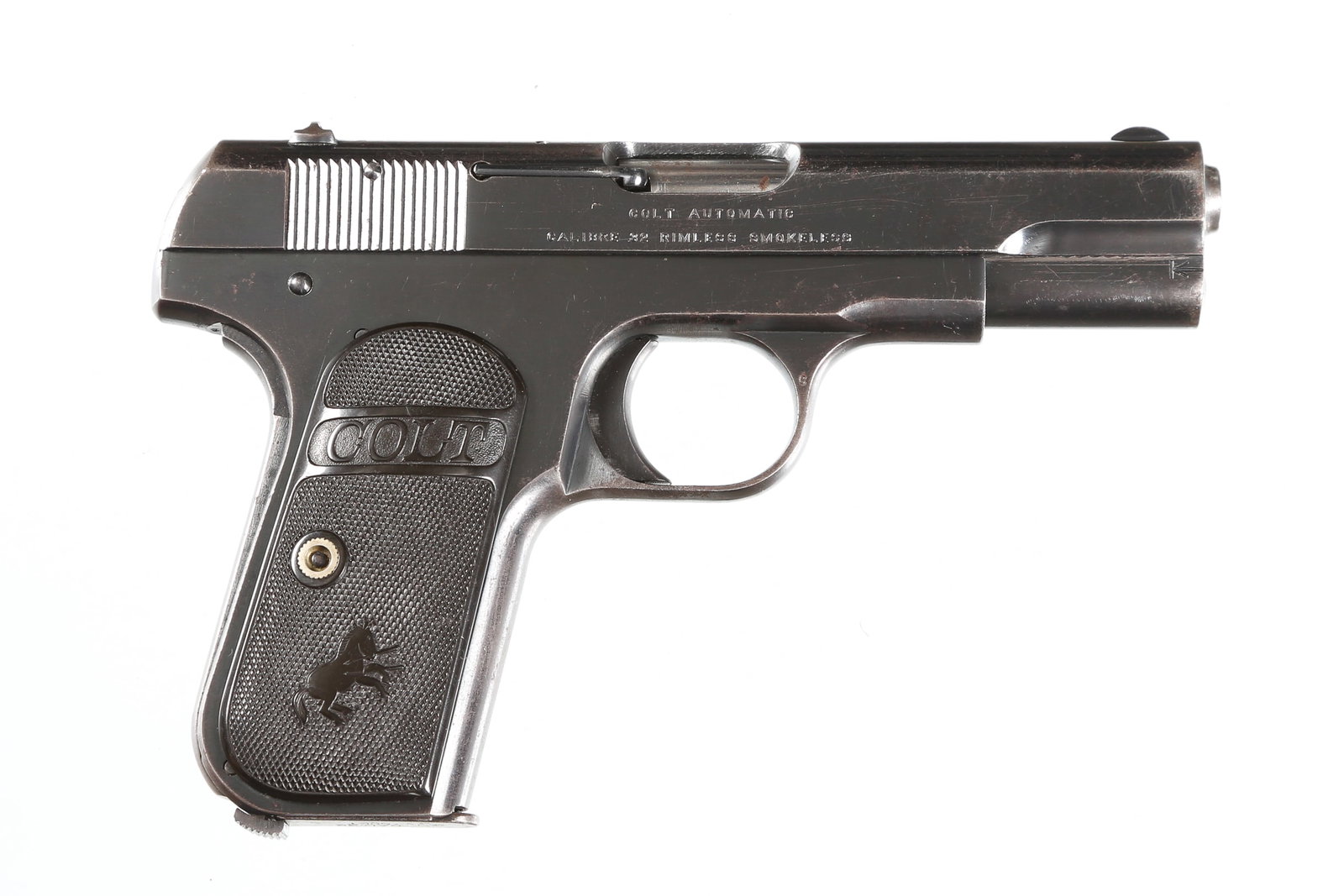 Colt 1903 Pocket Hammerless Pistol .32 ACP: .32 ACP Serial # 272392 Colt Model 1903 3rd Model pocket Hammerless .32 acp pistol. Blue finish with 2 piece hard rubber Rampant Colt grips. Condition. Very good with bright bore and retaining over 60