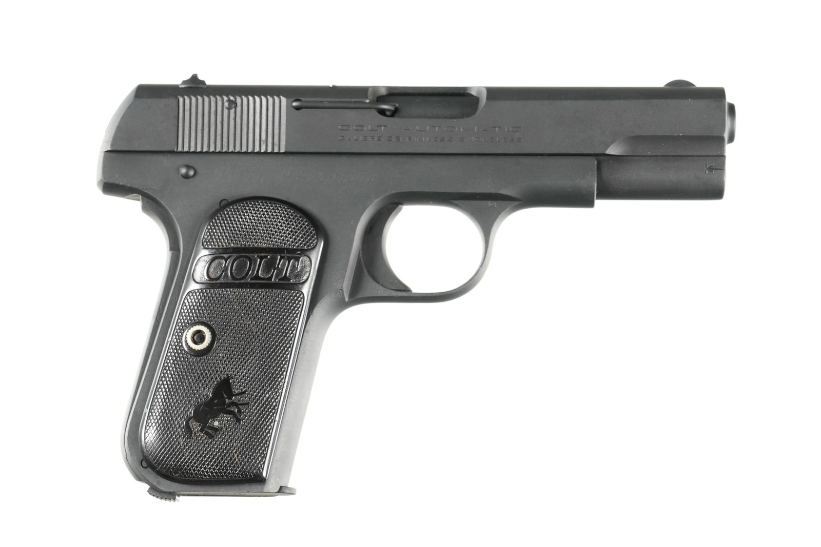 Colt 1903 Pocket Hammerless Pistol .32 ACP: .32 ACP Serial # 434308 Manufactured in 1923. Faint, illegible inscription on right side of frame. Parkerized finish with factory plastic grips. Barrel bulged. Condition Very good as refinished Barrel