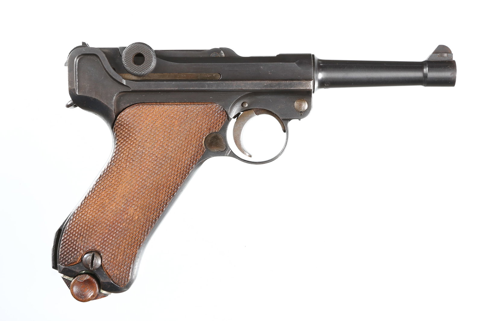DWM P08 Luger Pistol .30 luger: .30 luger Serial # 86525 Commercial DWM P-08 Luger chambered for .30 Luger / 7.65 with commercial crown "N" proofs, checkered 2 piece grips and blank chamber. Script DWM on toggle. Matching number wit
