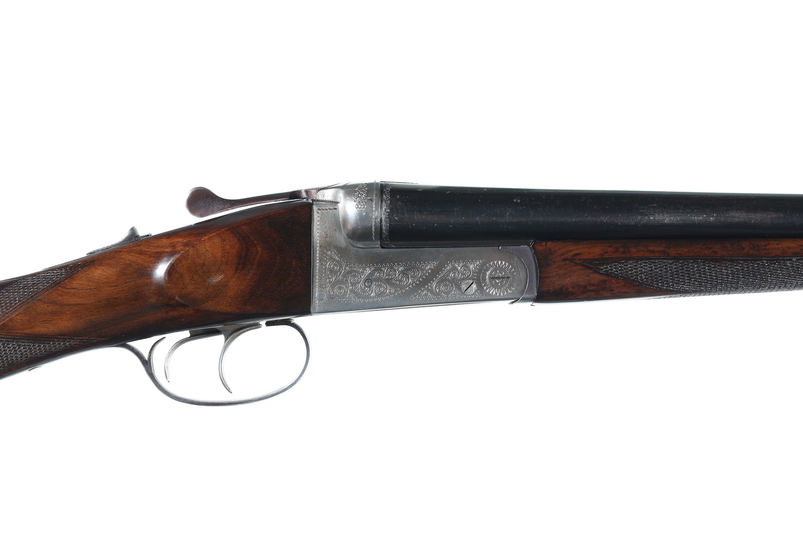 AYA Wellington SxS Shotgun 20ga: 20ga Serial # FS82325 AYA Wellington 20 Ga, double trigger ejector gun with 27" Full & Cyl choked Bbl. Varnished walnut straight stock with 14" LOP. 1 1/2" DAC 2" DAH 6 lbs 5 oz. Condition, Very fine 