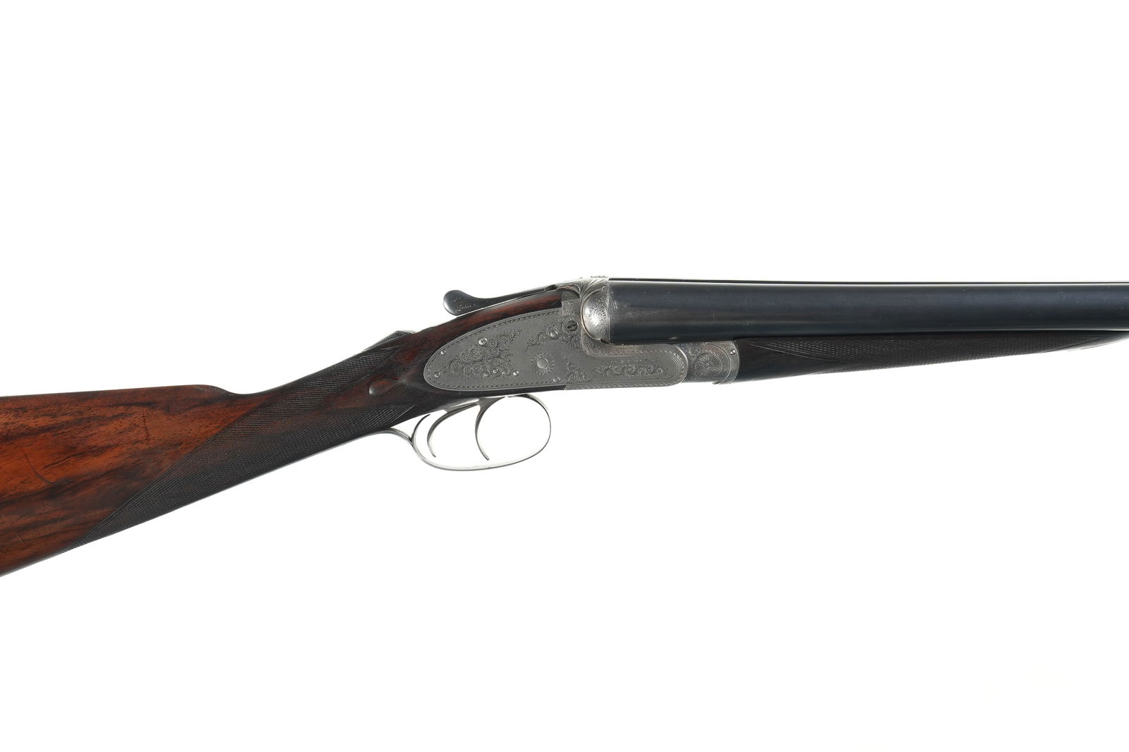 & Scott Sidelock Ejector SxS Shotgun 12ga: 12ga Serial # 43221 Antique Army Navy Side Lock Ejector 12 Ga with 2 3/4" chambers choked IC & IC. Bright finished 7 pin sidelocks with tight scroll engraving. Double trigger, Oil finished walnut stoc