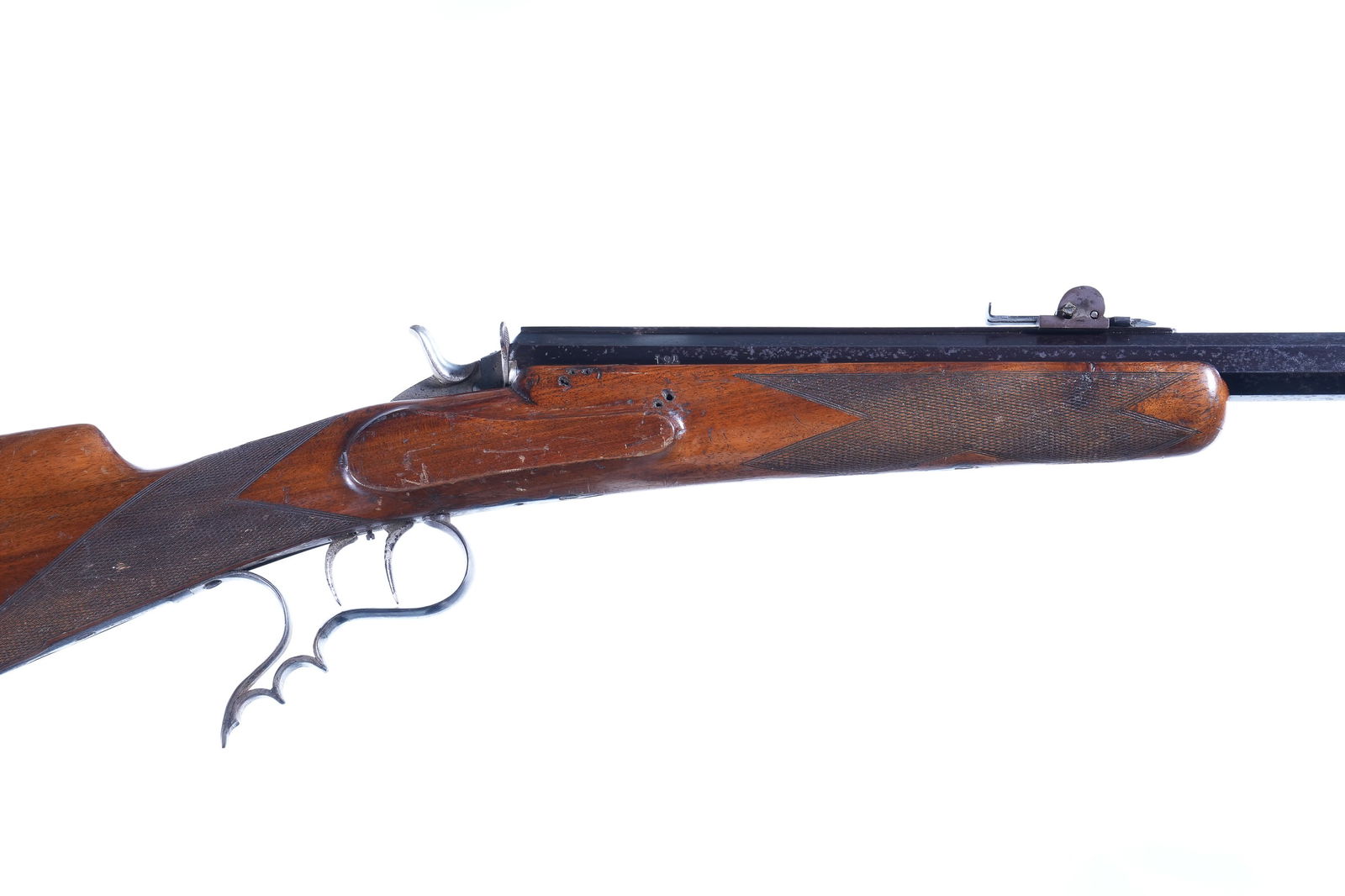 Belgian Flobert Patent, Black Powder Gallery: .22 Short Serial # 754 Belgian Flobert Action single shot rifle / Parlor Gun with full octagon Bbl, Blade front sight and sporting rear sight. Varnished checkered cheek rest butt with Swiss Butt plate