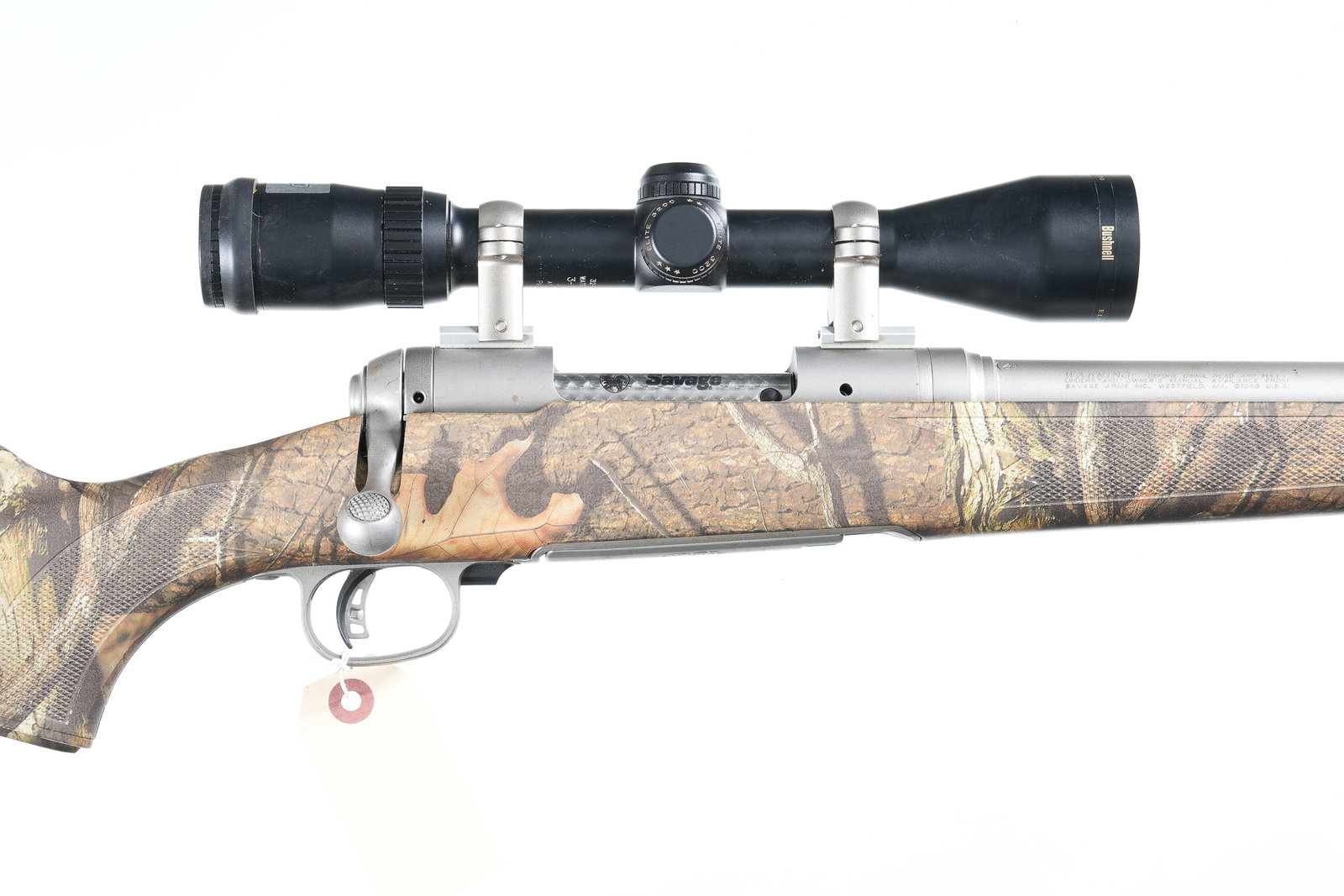 Savage 16 Bolt Rifle .300 WSM: .300 WSM Serial # H614780 Stainless steel Savage Model 16 with fluted Bbl and integral muzzle brake. Camo synthetic stock and Accu-Trigger. Detachable magazine. Bushnell Elite 3200 3-10x40 scoped. Con