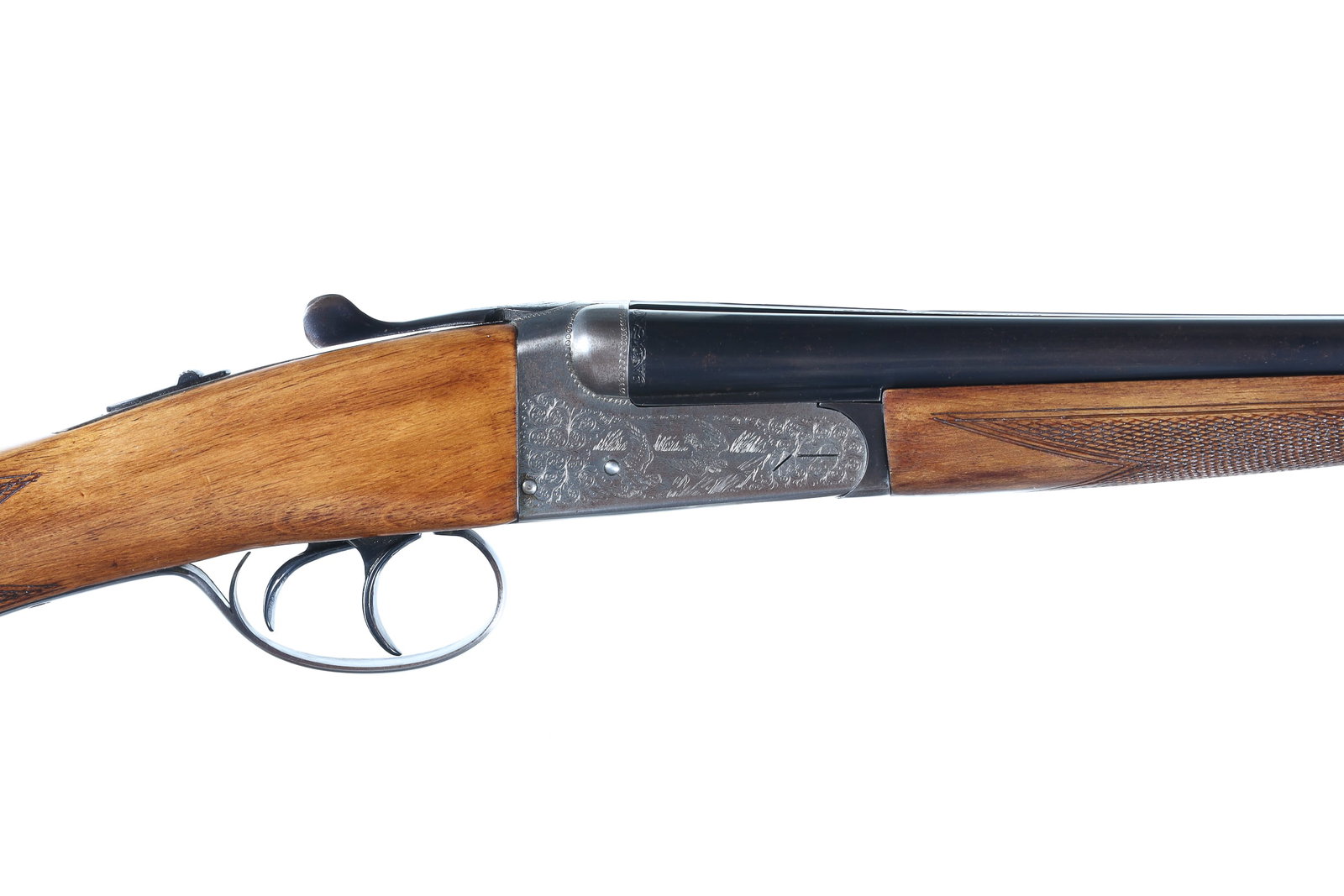 Gunmark Kestrel Boxlock SxS Shotgun .410: .410 Serial # 338935 Gunmark Kestrel Game scene engraved coin finished receiver box lock 410 double shotgun with 2 1/2" chambers and choked Full & Mod with 26" Bbl. Oil finished straight stock with 13