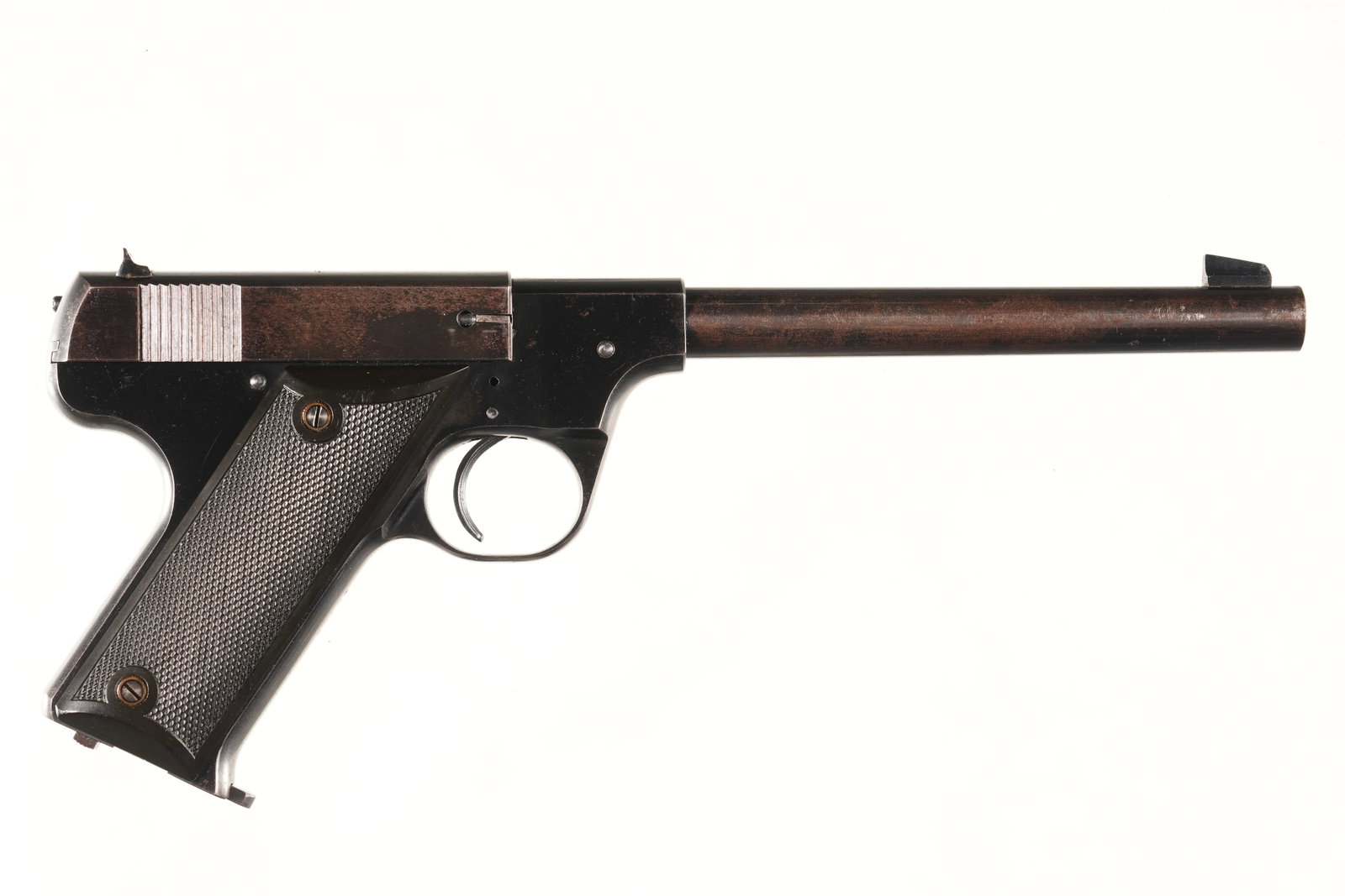 A2411 High Standard Model B Pistol .22 lr: .22 lr Serial # 16798 High Standard Model B with 6 3/4" Bbl. Blade front sight and drift adjustable rear sight, Checkered hard rubber grips. 2 tone 10 round magazine. Condition, Very fine with excelle