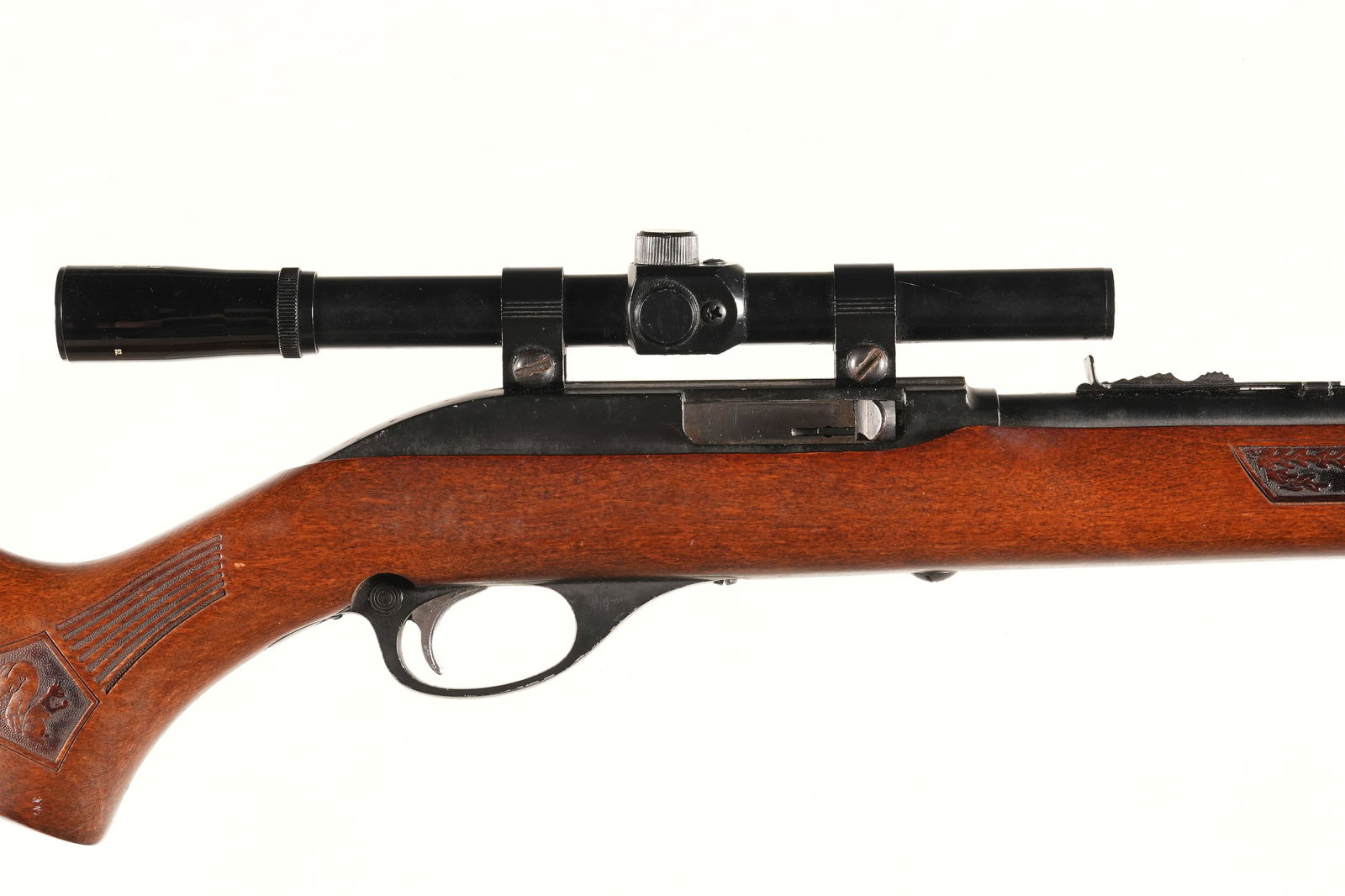 A3928 Marlin Glenfield 60 Semi Rifle .22 lr: .22 lr Serial # 24374578 Marlin Model 60 22 S-L-LR tube fed semi-auto with varnished wood stock. Glenfield 4 power scope. Condition, Very fine and mechanically excellent with scope cloudy from dirt. B
