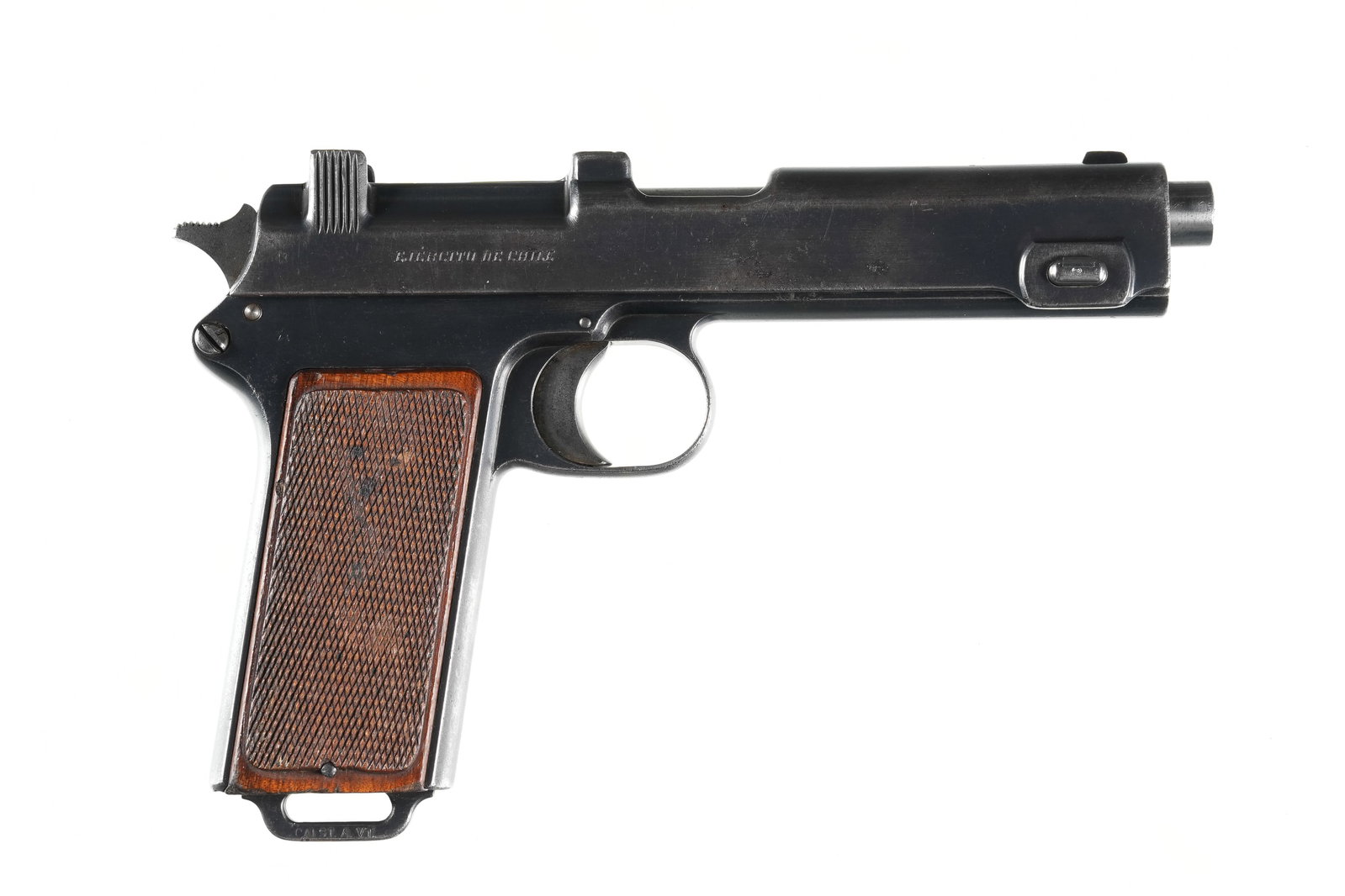 A3068 Steyr 1911 Pistol 9mm Steyr: 9mm Steyr Serial # 3569C Chilean contract Steyr Model 1911/12 pistol Cal, 9mm Steyr / 9x23 . One of 500 produced for Chile. Checkered wood grips , lanyard staple at butt. Matching numbers with Chilean