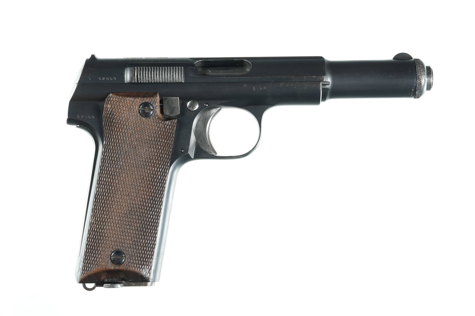 A3229 Astra 600/ 43 Pistol 9mm Luger: 9mm Luger Serial # 52058 Astra Model 600 / 43 Pistol, Cal 9mm Para, Ordered for German WW2 use but held in reserve and eventually went to the West German Police for use. Blue finish with checker3ed wa