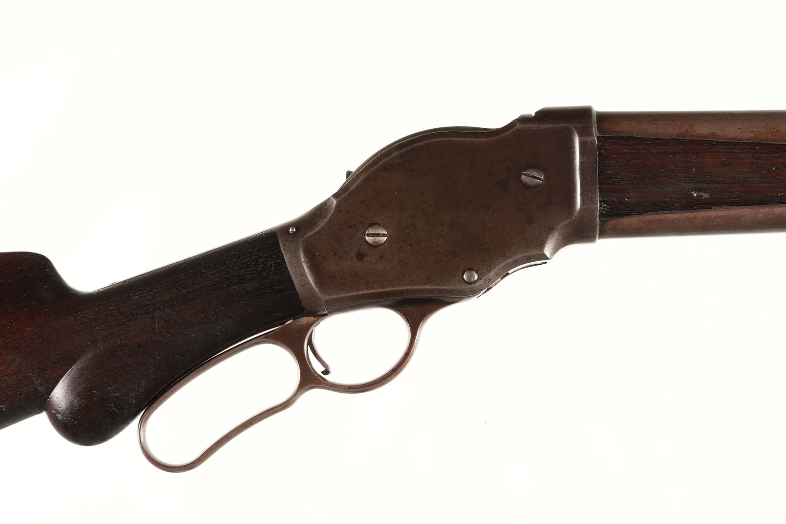 Winchester 1887 Lever Shotgun 12ga: 12ga Serial # 15956 Winchester Model 1887 12 Ga, Lever action shotgun with 30" full choke Bbl, 2 5/8" Chamber. Blue and case color finishes with walnut stocks with checkered steel butt plate. 13" LOP.