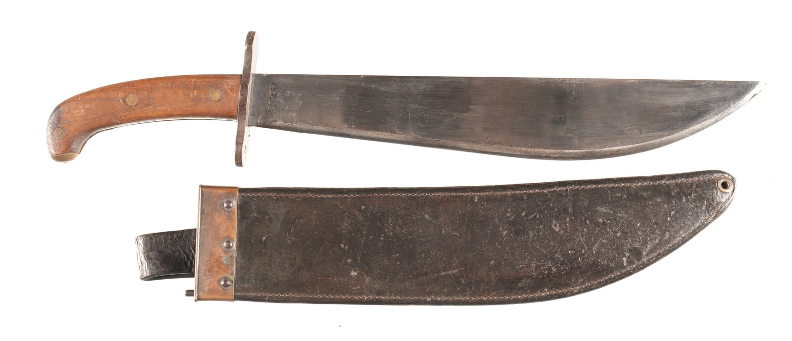 US Model 1909 Bolo Knife: US Model 1909 Bolo Knife with scabbard. Inspected & dated Plumb Mfg, 1917 with H.J.B. inspector stamp on back of leather scabbard. Condition, Excellent with fine blade and sharp markings. Excellent gr