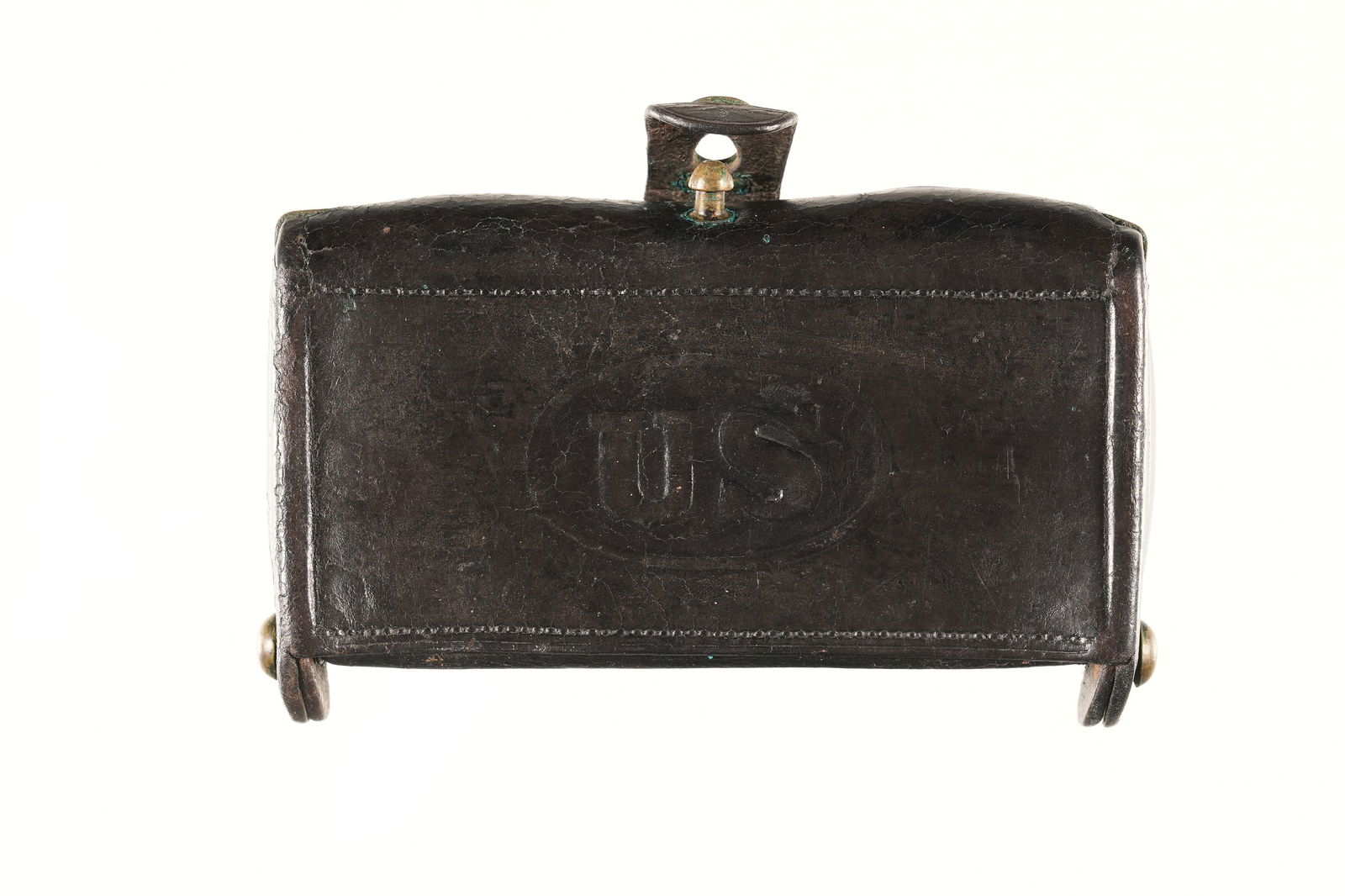 Rock Island Arsenal Cartridge Box: US embossed leather cartridge box with Rock Island Arsenal stamped on retaining strap. WLF and FW stamped on interior. Holds 20 rounds