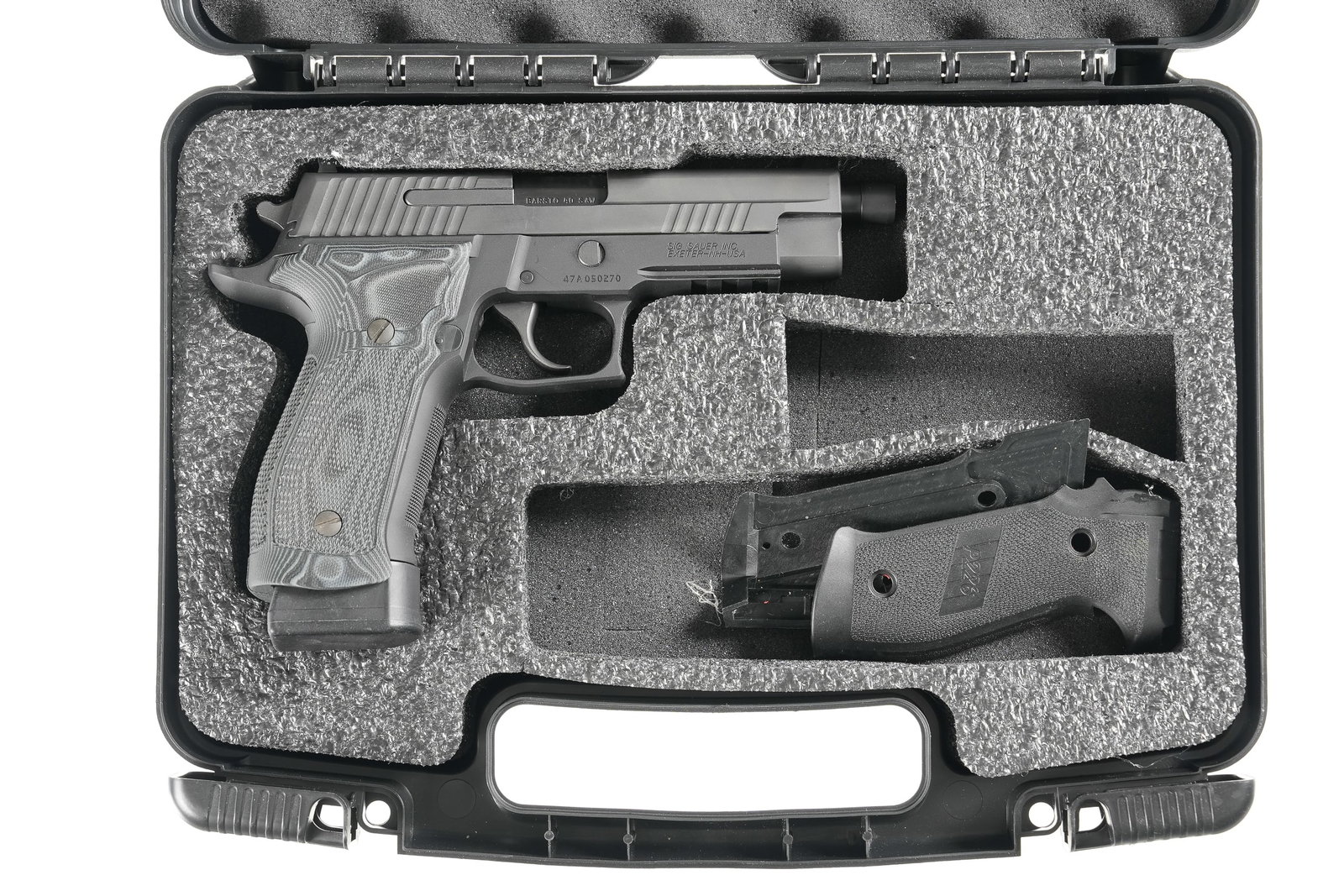 A3885 Sig Sauer P226 Pistol .40 s&w: Sig Model 226 Tacops pistol with extended 20 round magazine, Factory extended target grips and comes with factory plastic grips , case and paperwork. Has Sig paddle holster. Condition, Very fine with 