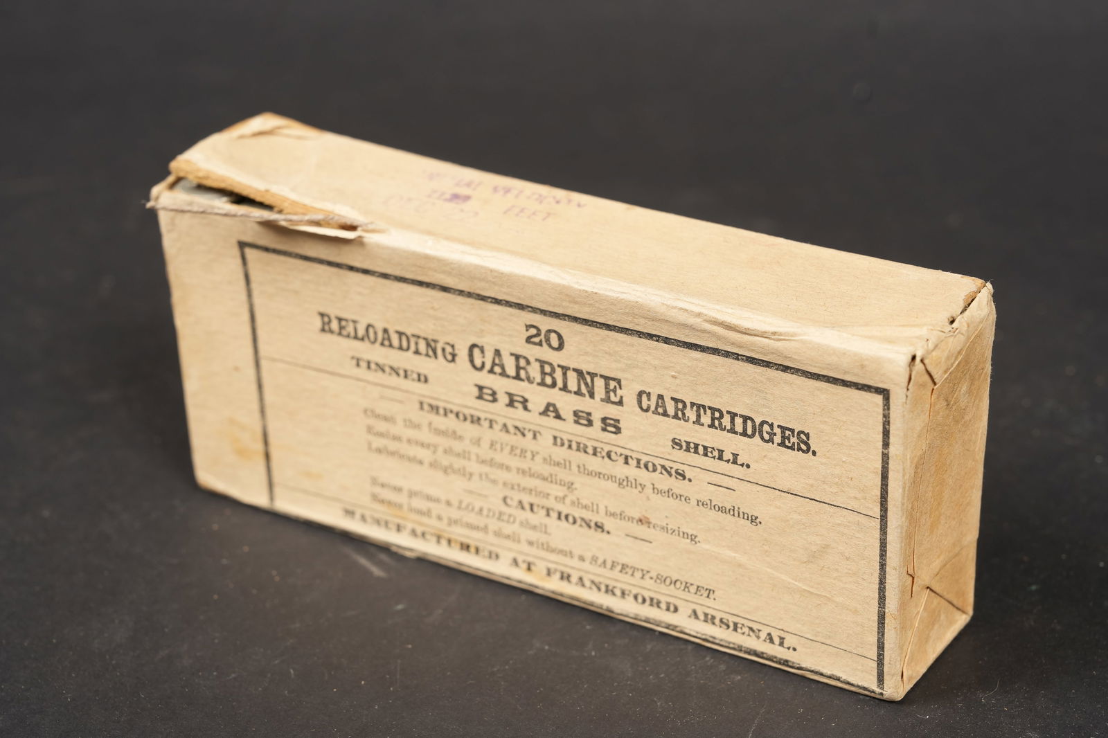 Box of Antique Frankford Arsenal Tinned Brass Shel: Box of antique Frankford Arsenal tinned brass shells for reloading carbine cartridges. Date stamped Dec 22, year not visible