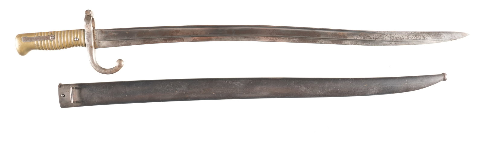 French 1866 Chassepot bayonet: French Model 1866 Chassepot bayonet and scabbard with 1874 date on spine of polished blade and produced at St Ettiene. Condition, very fine with excellent polished blade and scabbard.