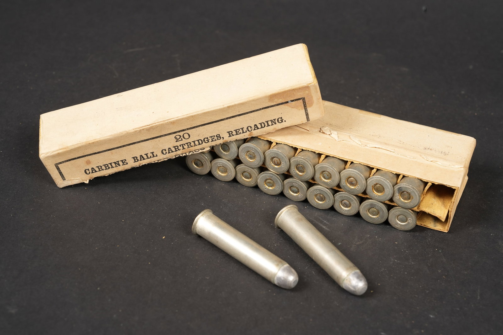 Box of Antique Frankford Arsenal Brass Shells: 1 box of antique Frankford Arsenal carbine ball cartridges, reloading, tinned brass shell. Date stamped, the month is too faded to read but it is the 2nd day of the month in the year of 1892