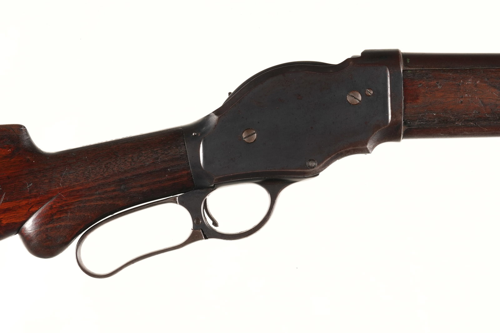 A3195 Winchester 1901 Lever Shotgun 10ga: 10ga Serial # 76733 Winchester Model 1901, 10 ga Lever action shotgun 2 7/8" chamber with Full choke. Blue finished with varnished walnut stocks and checkered steel butt plate 13 1/2" LOP. Mfd, 1914. 