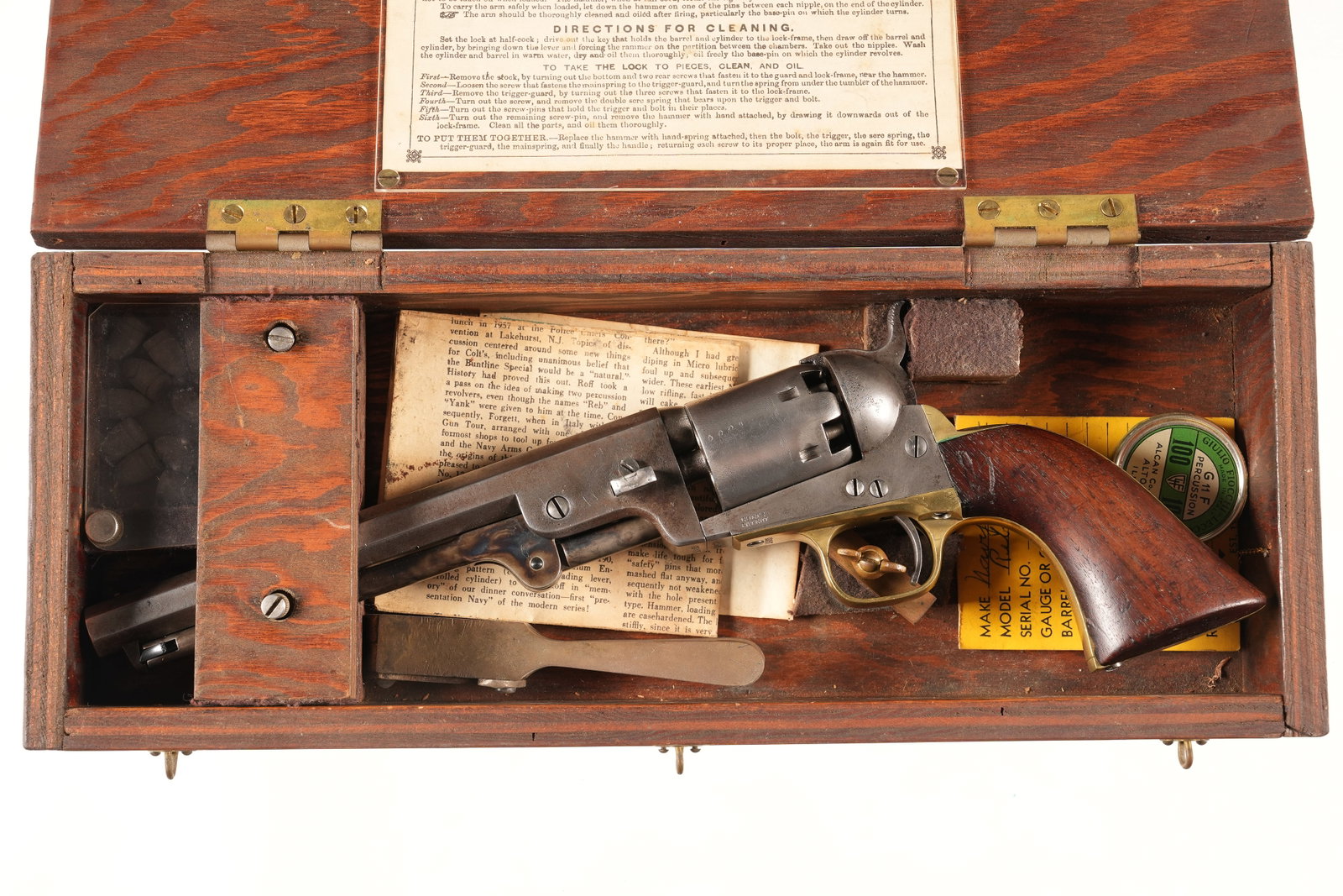Navy Arms Co. Percussion Revolver .36 cal: .36 cal Serial # 109275 Very good overall condition with minor pitting on frame, no active oxidation. Mechanically excellent. Housed in wooden presentation case. Barrel 7 1/2" No4473