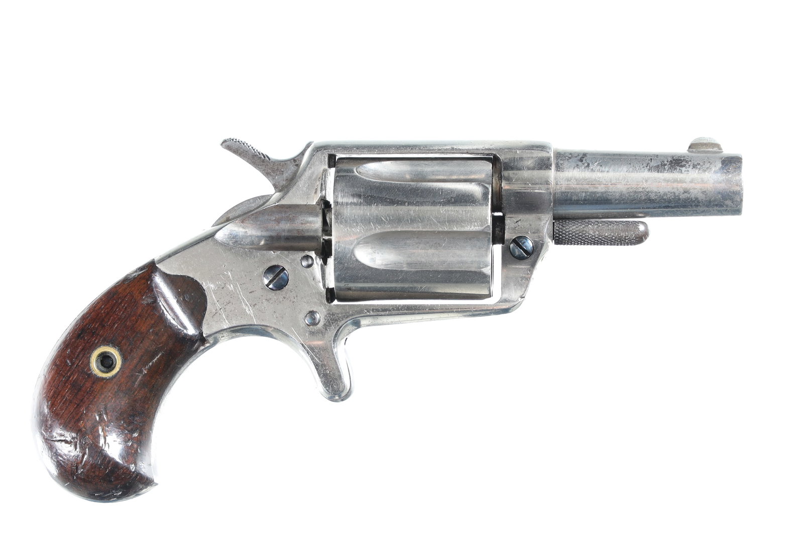 Colt New Line Revolver .38 cal: .38 cal Serial # 6938 Serial Number 6938 Bbl, 2 1/4" Cal, .38 Rim Fire Mfg 1877. Factory Nickel finish with Etched barrel panel "COLT NEW 38" with fire blue screws and varnished walnut grips. Matching
