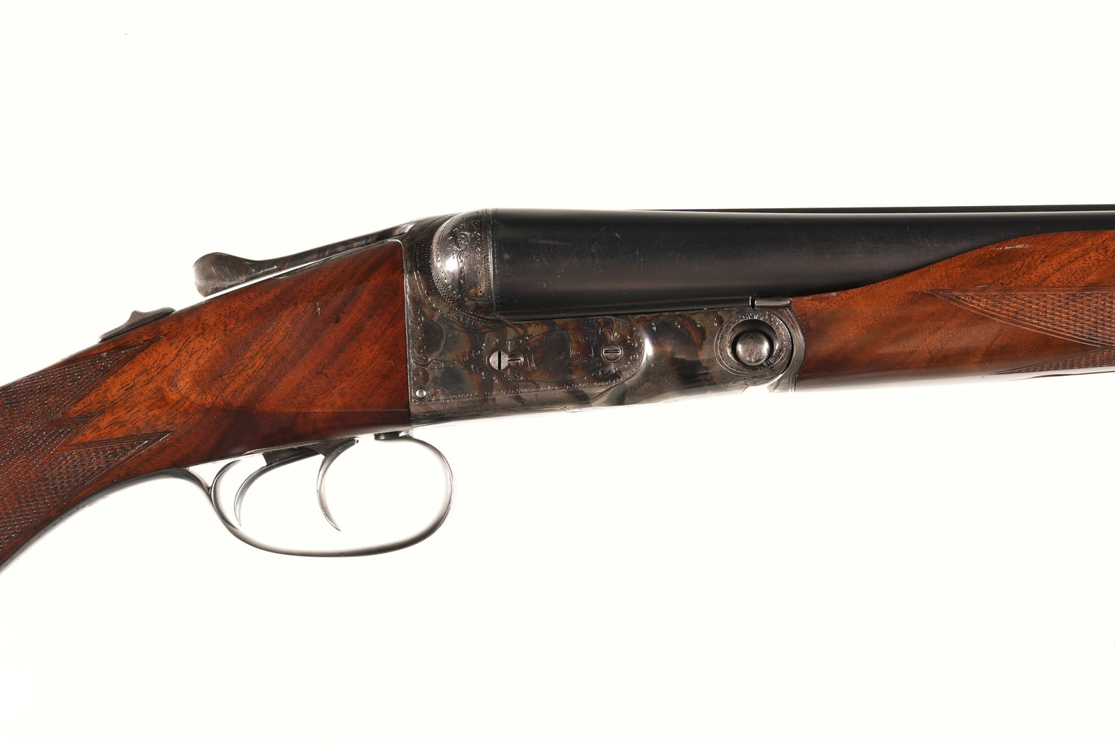 A3144 Parker Bros GHE SxS Shotgun 12ga: 12ga Serial # 132810 Parker Brothers 12 Ga "GHE" with 30" Bbl, Choked Full & Mod with 2 3/4" Chambers. #2 frame with double triggers and ejectors. Case color receiver engraved with small vignettes of 