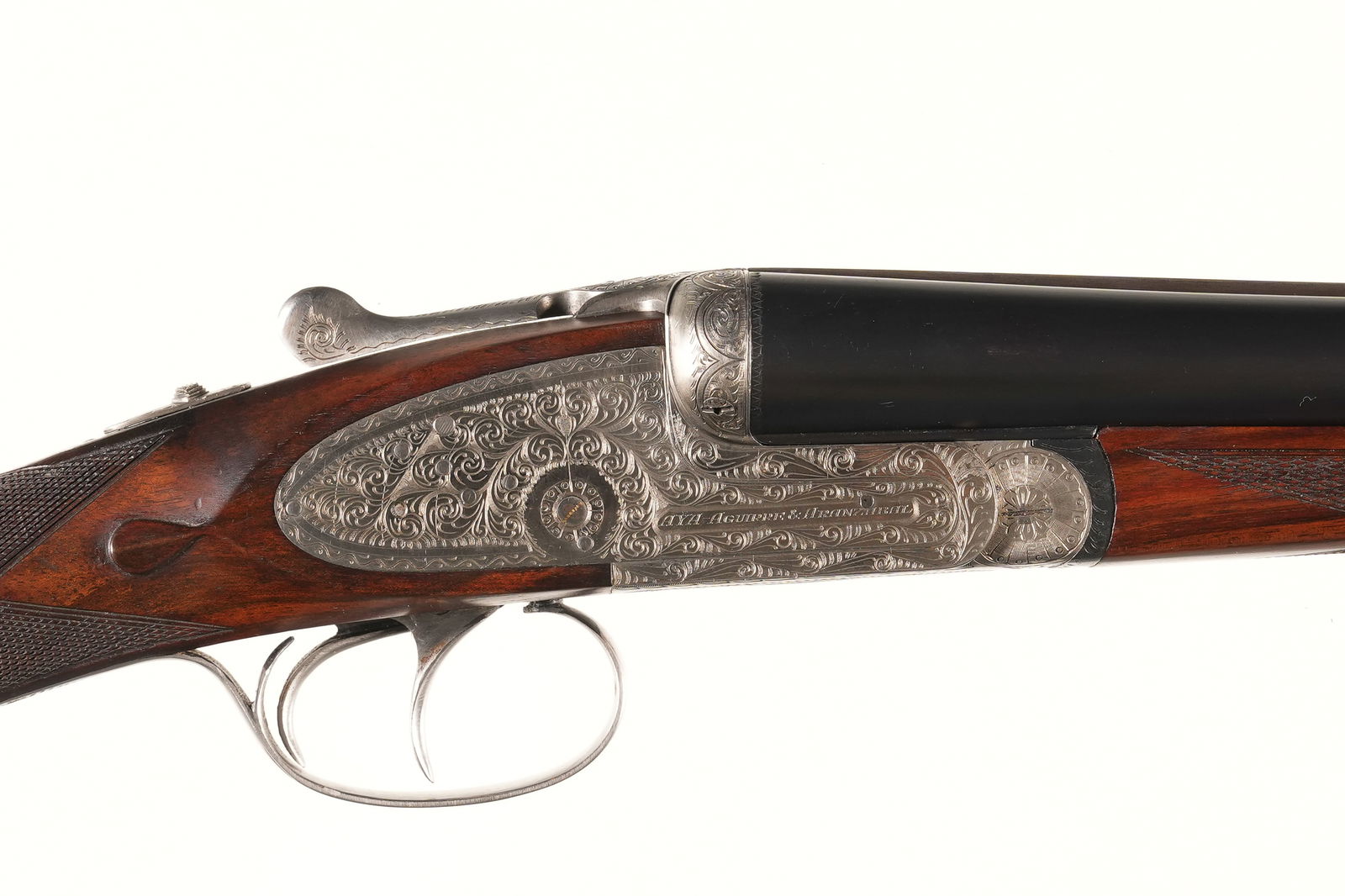 A2947 AYA No2 SxS Shotgun 12ga: 12ga Serial # 423056 AYA No2 12 Ga quick detachable side lock double with double triggers and ejectors. Scroll engraved locks & receiver with 28" BBl's choked IC & IC with 2 3/4' chambers. 14 5/8 LOP