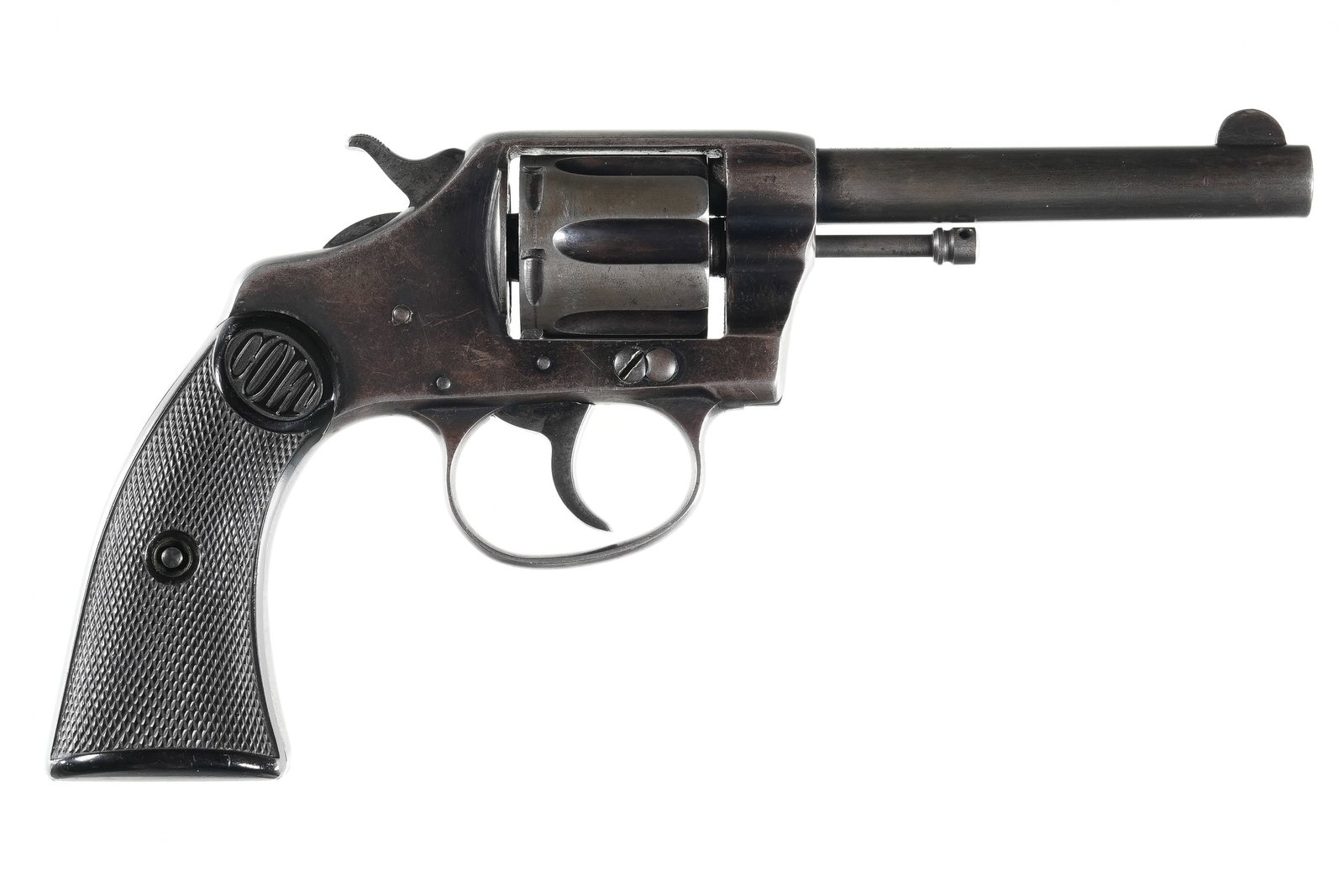 Colt New Police Revolver .32 new police: .32 new police Serial # 2324 Colt .32 New Police Revolver with 4" bbl. Cal .32 New Police (32 S&W) Black checkered hard rubber grips with "COLT" monogram at top. Butt is marked with rack number 2684. 