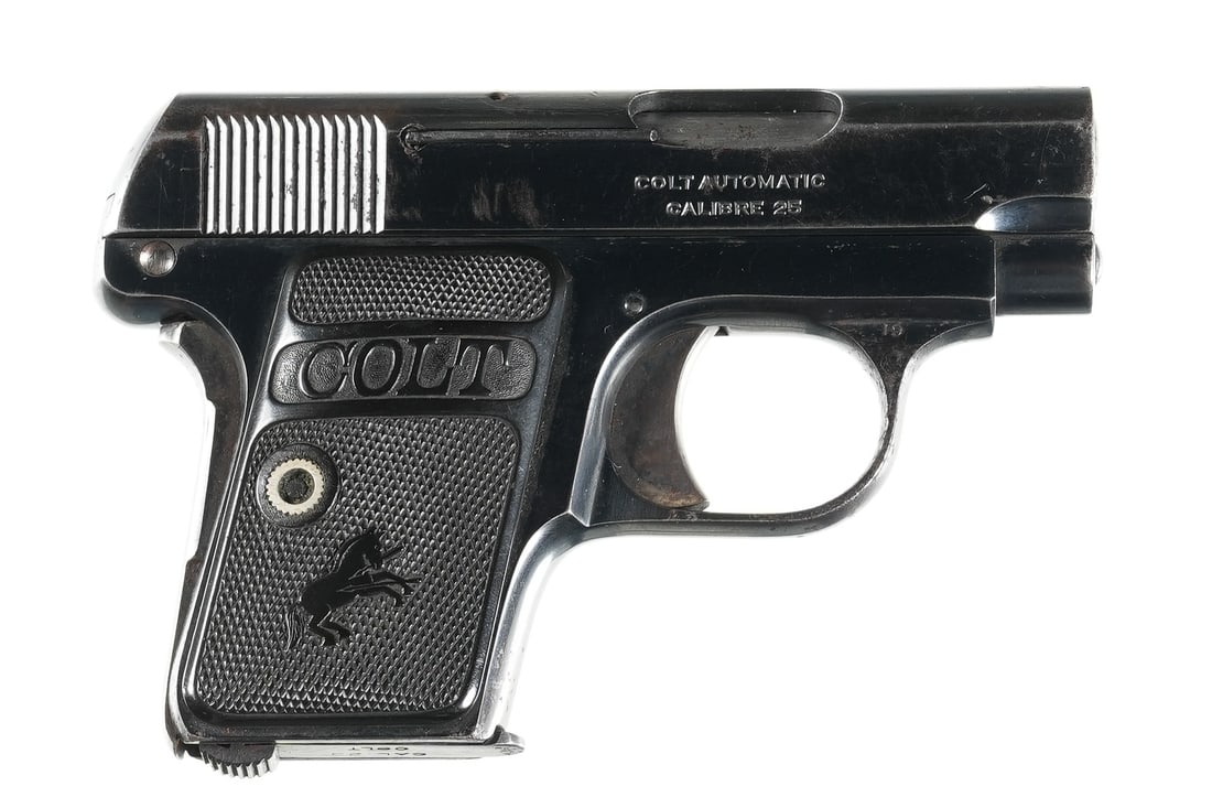 A3236 Colt 1908 Vest Pocket Pistol .25 ACP: .25 ACP Serial # 245406 Colt Model 1908 Vest Pocket .25 Pistol. Blue finished with checkered black plastic grips with Rampant Colt at center and "COLT" at top. Case colored trigger and grip safety 2 t